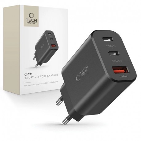 Rychlonabíjecí adaptér Tech-Protect NC30W 2xUSB-C PD30W / USB-A QC 3.0 černý