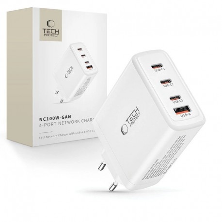 Rychlá nabíječka do sítě Tech-Protect NC100W GaN 3xUSB-C PD100W / USB-A QC 3.0 bílá