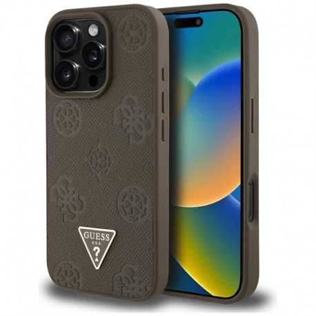 Guess Peony Grained Hot Stamp Triangle MagSafe pouzdro pro iPhone 16 Pro hnědé