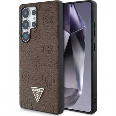 Guess Peony Grained Hot Stamp Triangle MagSafe pouzdro pro Samsung Galaxy S25 Ultra hnědé