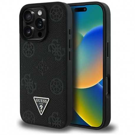 Guess Peony Grained Hot Stamp Triangle MagSafe pouzdro pro iPhone 16 Pro černé