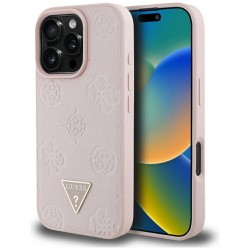 Guess Peony Grained Hot Stamp Triangle MagSafe pouzdro pro iPhone 16 Pro Max růžové