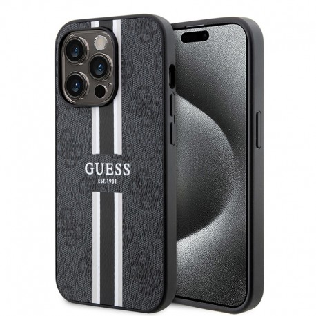 Guess Peony Grained Hot Stamp Triangle MagSafe pouzdro pro iPhone 16 Pro Max černé