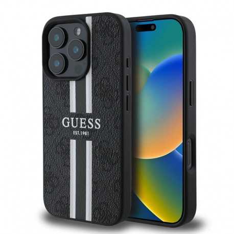 Guess Hardcase 4G Printed Stripes MagSafe pouzdro pro iPhone 16 Pro černé