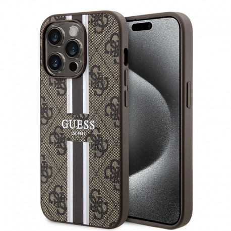 Guess Hardcase 4G Printed Stripes MagSafe pouzdro pro iPhone 15 Pro hnědé